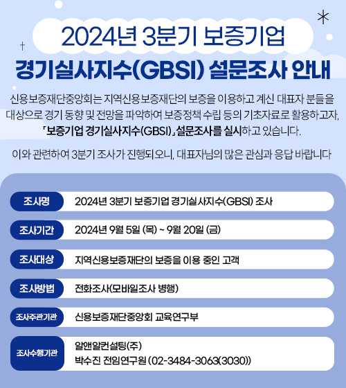 신용보증재단중앙회는 지역신용보증재단의 보증을 이용하고 계신 대표자 분들을 대상으로 경기 동향 및 전망을 파악하여 보증정책 수립 등의 기초자료로 활용하고자,「보증기업 경기실사지수(GBSI)」설문조사를 실시하고 있습니다.

이와 관련하여 3분기 조사가 진행되오니, 대표자님의 많은 관심과 응답 바랍니다.

가. 조 사 명 : 2024년 3분기 보증기업 경기실사지수(GBSI) 조사

나. 조사기간 : 2024.09.05.(목) ~ 2024.09.20.(금)

다. 조사대상 : 지역신용보증재단의 보증을 이용 중인 고객

라. 조사방법 : 전화조사(모바일조사 병행)

마. 조사주관기관 : 신용보증재단중앙회 교육연구부

바. 조사수행기관 : 알앤알컨설팅(주), 박수진 전임연구원(02-3484-3063(3030))