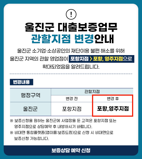 울진군 대출보증업무 관할지점 변경안내